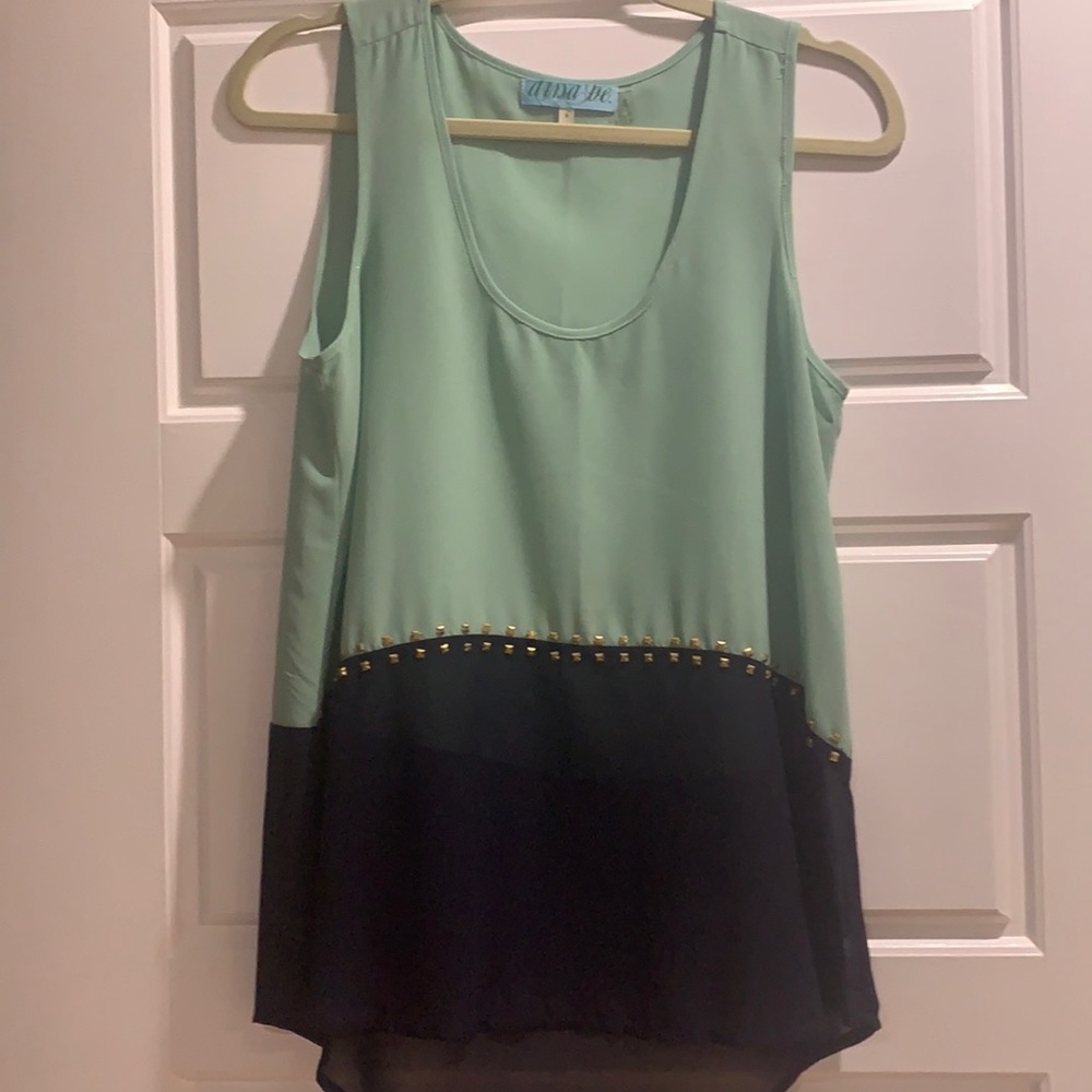 Sleeveless teal and blue with gold accent top